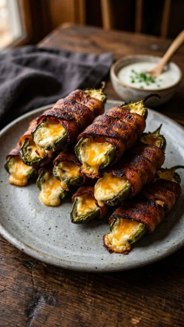 Plate of delicious jalapeño poppers stuffed with cheese and spices