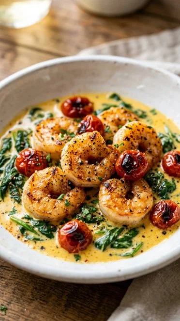 Low-Carb Shrimp Tuscan Bake served in a dish with creamy sauce and shrimp