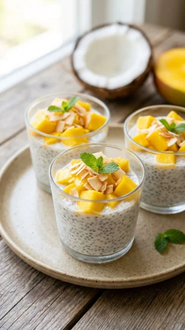 Mango Coconut Chia Pudding topped with fresh mango slices