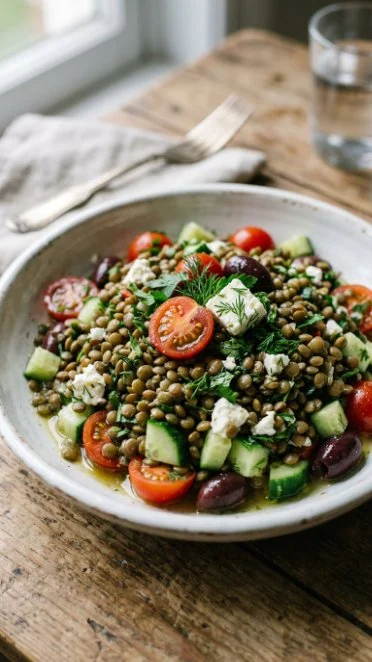 Mediterranean Lentil Salad with vegetables and herbs in a bowl