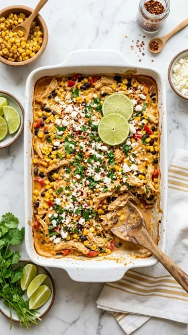Delicious Mexican street corn chicken casserole served in a baking dish