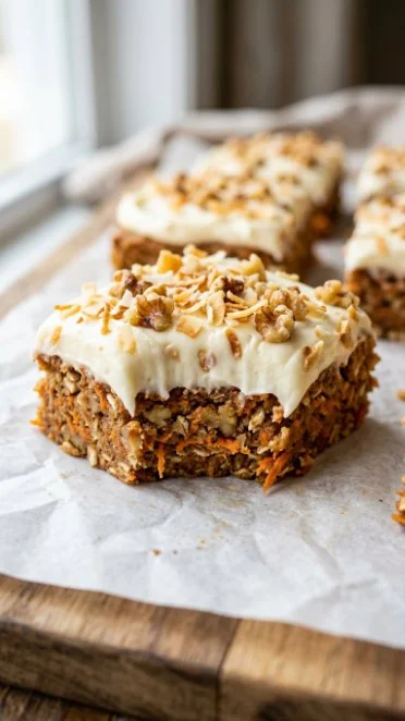 No Bake Carrot Cake Bars topped with cream cheese frosting and nuts.