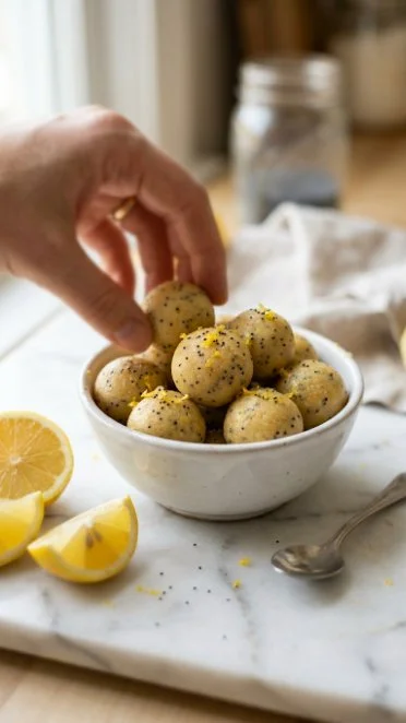 Delicious no-bake gluten free lemon protein balls on a plate.