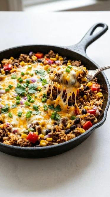 One-pan taco skillet dish with vibrant ingredients and spices