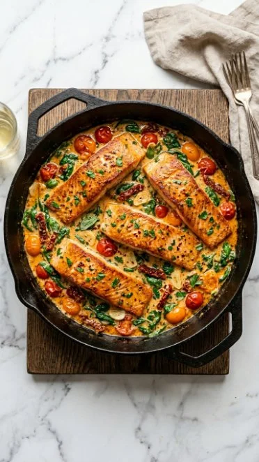One Pan Tuscan Salmon with butterbeans and sun-dried tomatoes in a skillet