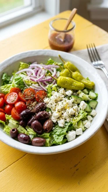 Delicious Panera Greek Salad with fresh vegetables and feta cheese