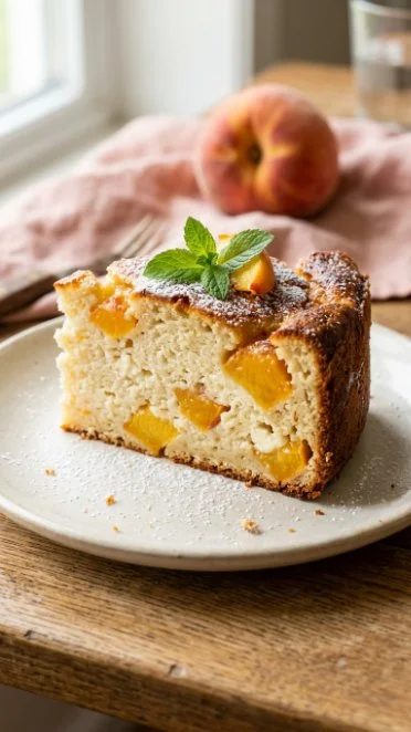 Slice of delicious Peach Cottage Cheese Cake with fresh peach slices