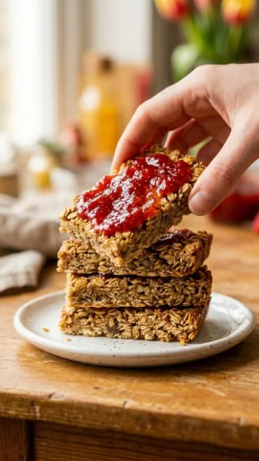 Delicious Peanut Butter and Jelly Bars on a plate, perfect for snacking.