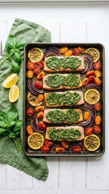 Pesto salmon fillet garnished with roasted cherry tomatoes on a white plate