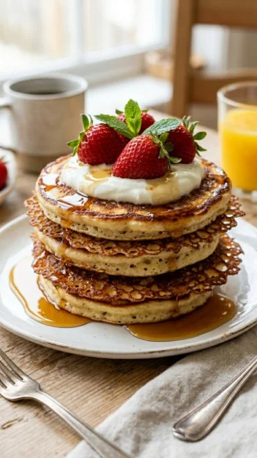 Delicious stack of protein pancakes topped with fresh berries and syrup.