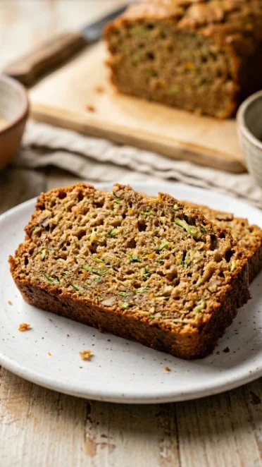 Freshly baked Pumpkin Zucchini Bread sliced on a wooden cutting board