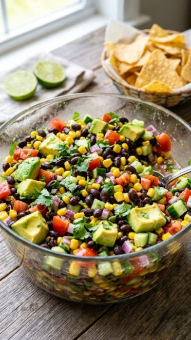 Bowl of refreshing Cowboy Caviar garnished with fresh herbs and colorful veggies.