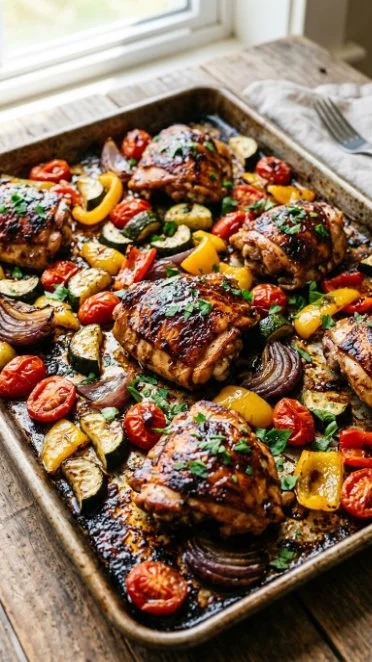Sheet pan balsamic glazed chicken with colorful vegetables ready to serve