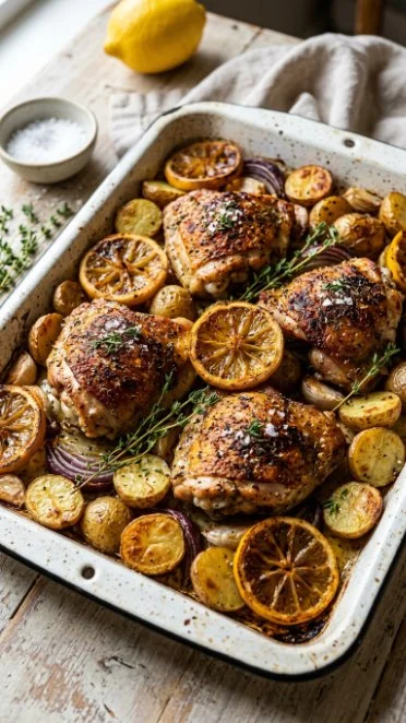 Delicious Sheet Pan Greek Chicken with vegetables and herbs