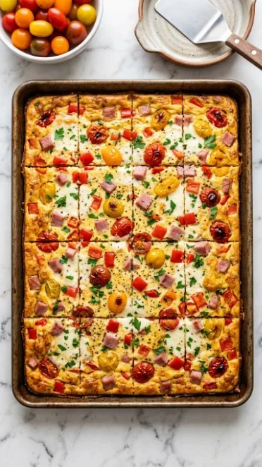 Sheet pan roasted veggie egg bake with colorful vegetables and eggs