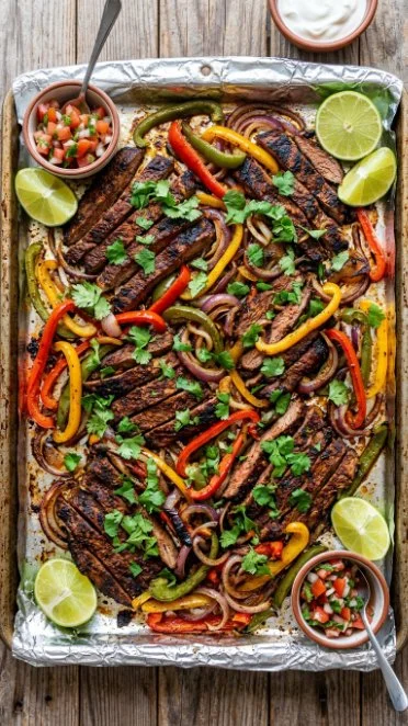 Sheet Pan Steak Fajitas with colorful peppers and onions on a baking tray