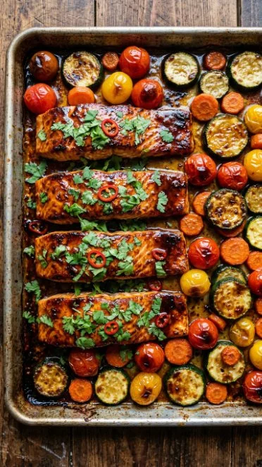 Sheet Pan Thai Glazed Salmon served with colorful vegetables