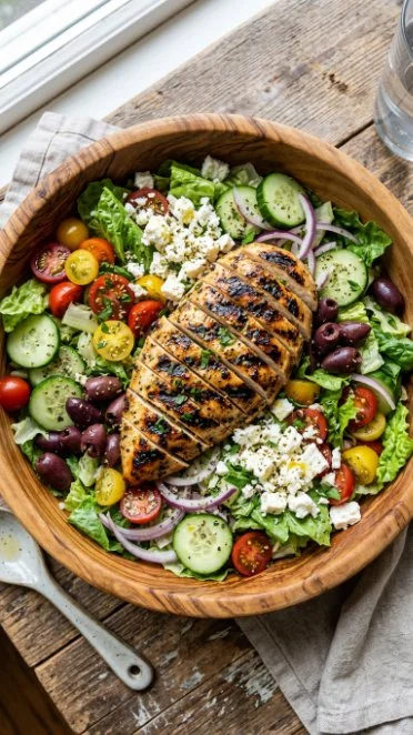 Delicious Greek grilled chicken salad with fresh vegetables and feta cheese