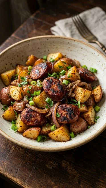 Plate of Southern fried potatoes and sausage, showcasing a delicious home-cooked meal.