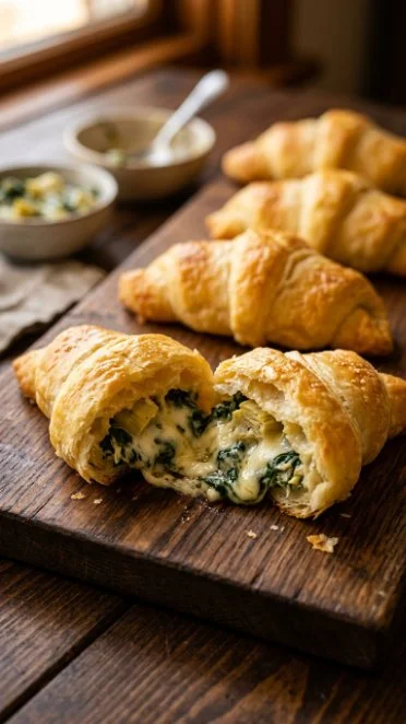 Spinach artichoke crescent rolls on a plate, golden and appetizing.