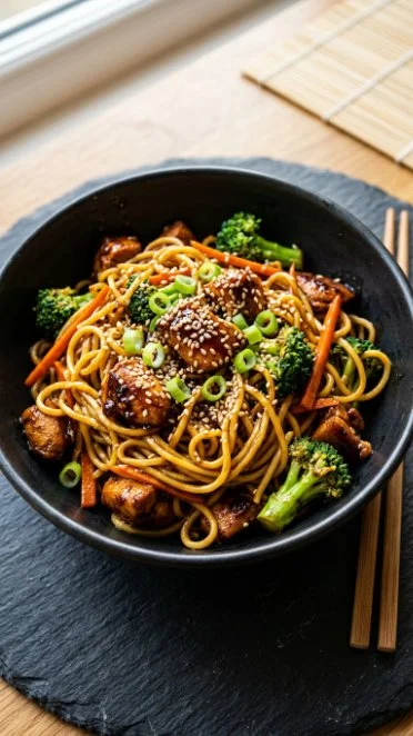 Delicious Sticky Garlic Chicken Noodle Stir-Fry served on a plate with vibrant vegetables