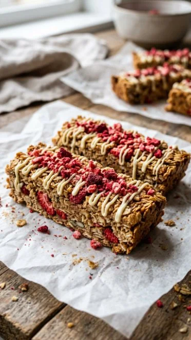 Homemade strawberry granola bars stacked on a plate