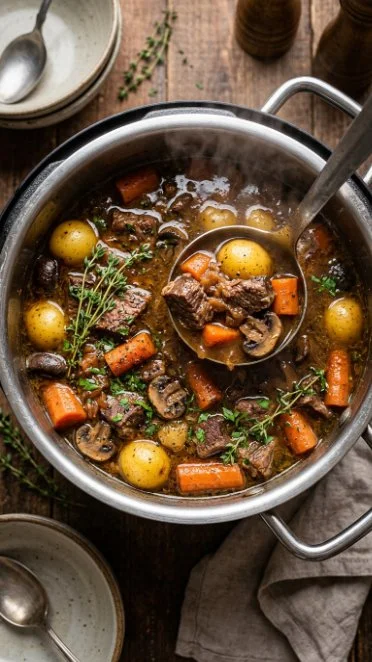 A delicious bowl of ultimate Instant Pot beef stew with vegetables and herbs.