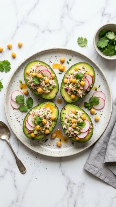 Tuna salad stuffed avocado garnished with fresh herbs on a plate.