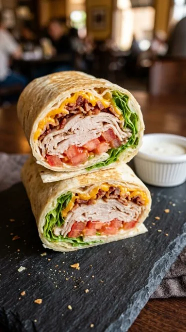 Delicious Turkey Ranch Club Wrap with turkey, ranch dressing, and fresh vegetables