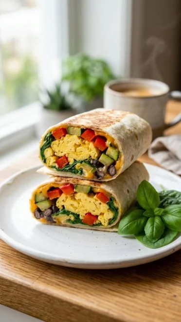 Veggie breakfast burrito filled with fresh vegetables and spices