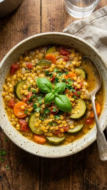 Bowl of Zucchini Lentil Soup garnished with fresh herbs on a wooden table