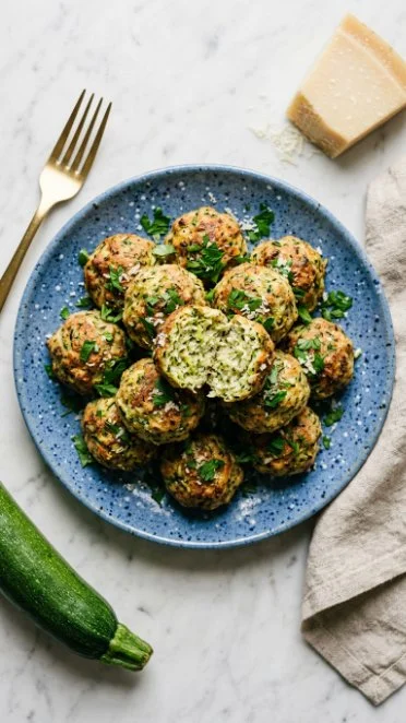 Baked Zucchini Turkey Meatballs served on a plate with fresh herbs.