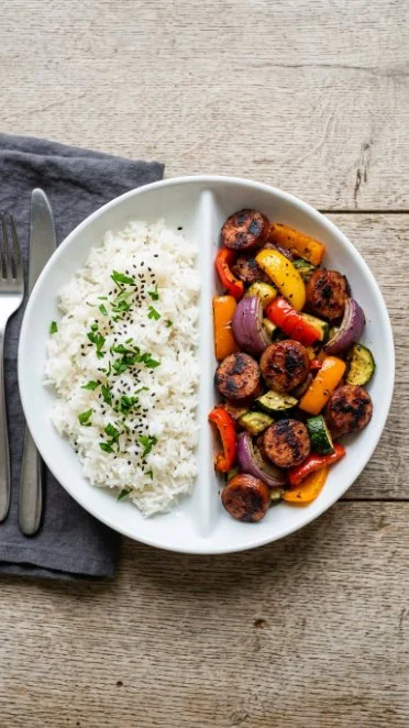 10 Minute air fryer chicken sausage with colorful veggies in a healthy dish