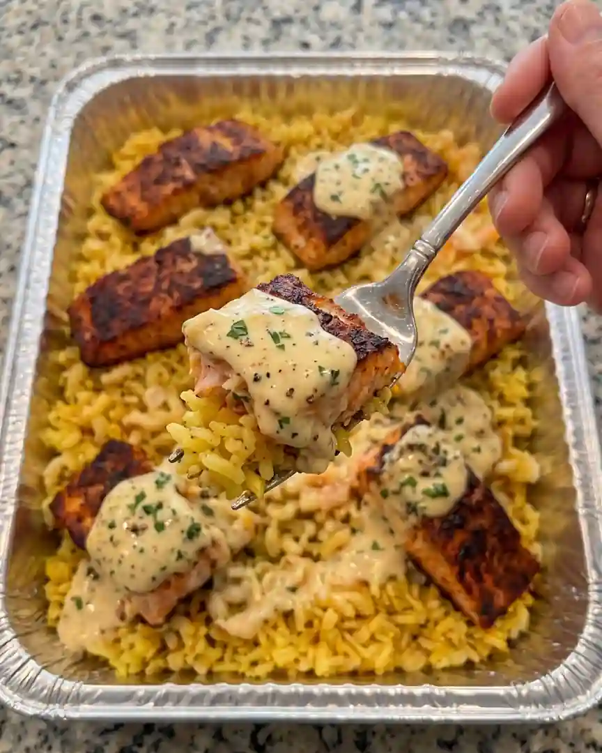 Blackened Salmon with Creamy Garlic Parmesan Sauce & Yellow Rice