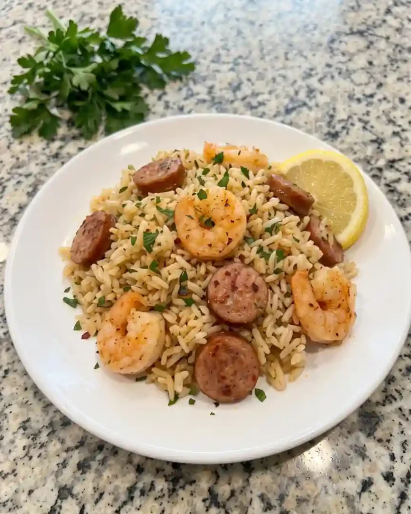 Cajun Garlic Butter Shrimp and Turkey Sausage Rice Skillet-presentation