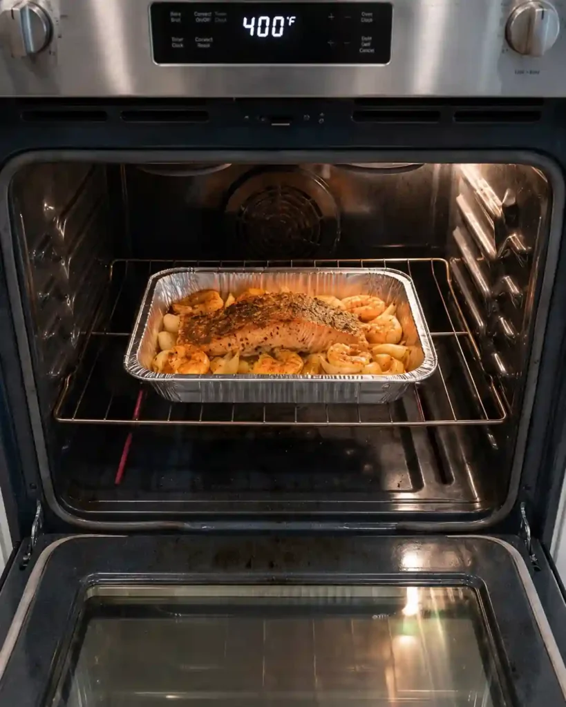 Salmon and shrimp tray bake roasting inside an oven set to 400 degrees Fahrenheit