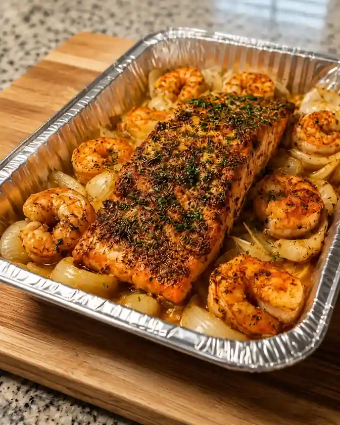 Baked salmon and shrimp tray bake with golden spice crust, roasted onions, and fresh parsley on a wooden board