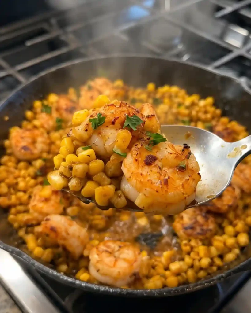 Spoonful of garlic butter shrimp and caramelized corn lifted from a skillet with fresh parsley on top