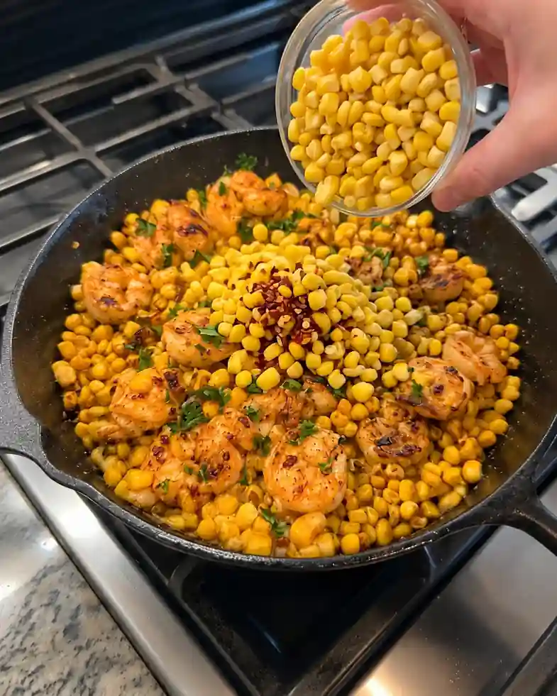 Corn kernels and chili flakes being poured over seared shrimp in a skillet