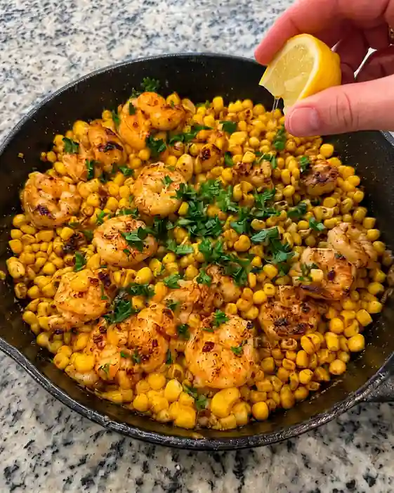 Fresh lemon being squeezed over finished garlic butter shrimp and corn skillet with parsley