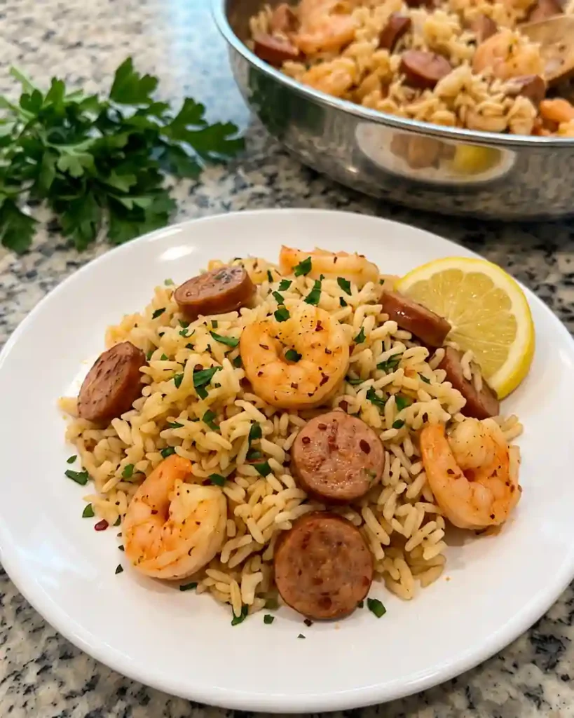 Cajun Garlic Butter Shrimp and Turkey Sausage Rice Skillet- in plate