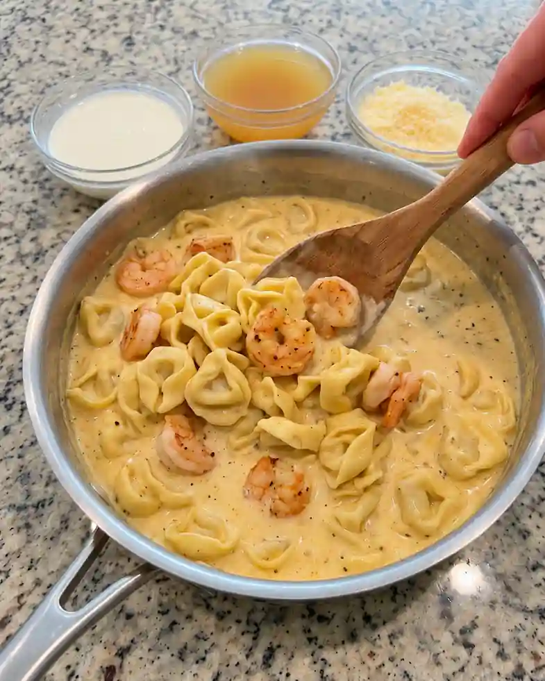 Creamy Garlic Shrimp Tortellini- in skillet