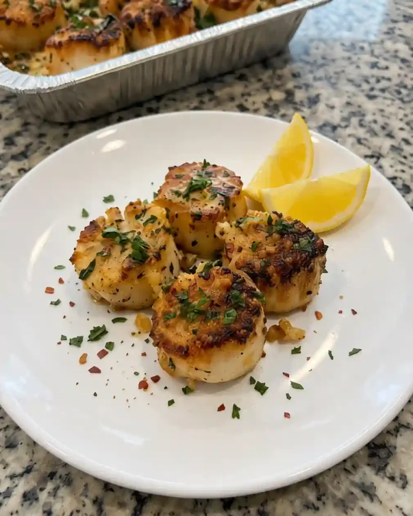 Garlic Butter Seared Scallops in plate