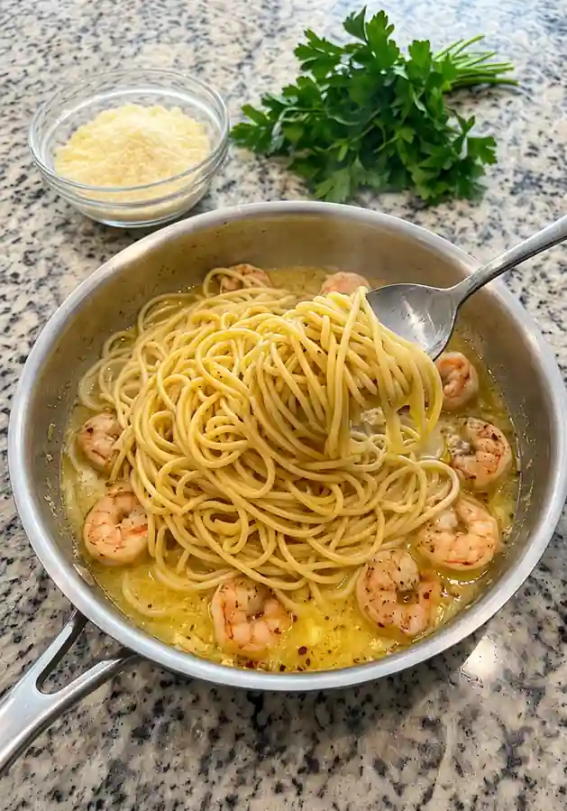 Garlic Butter Shrimp Scampi Pasta-in skillet