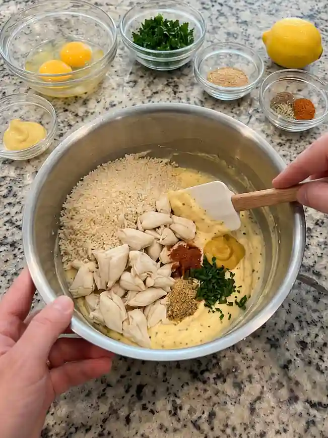 Golden Garlic Butter Lump Crab Cakes-mix bowl