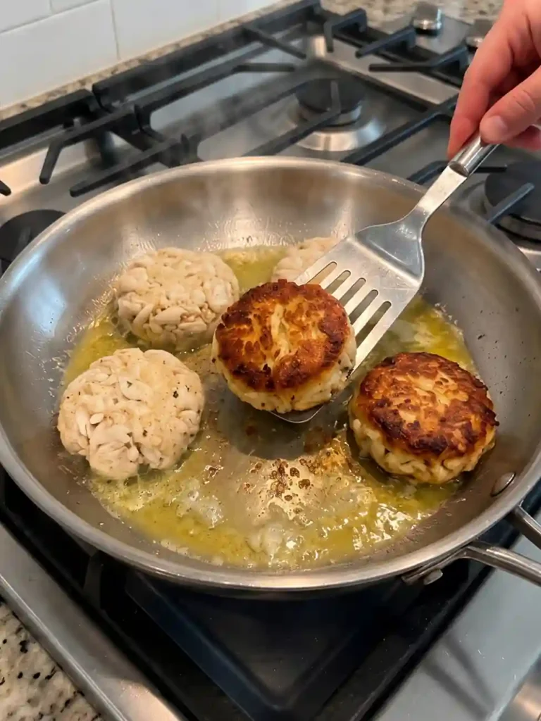 Golden Garlic Butter Lump Crab Cakes-skillet