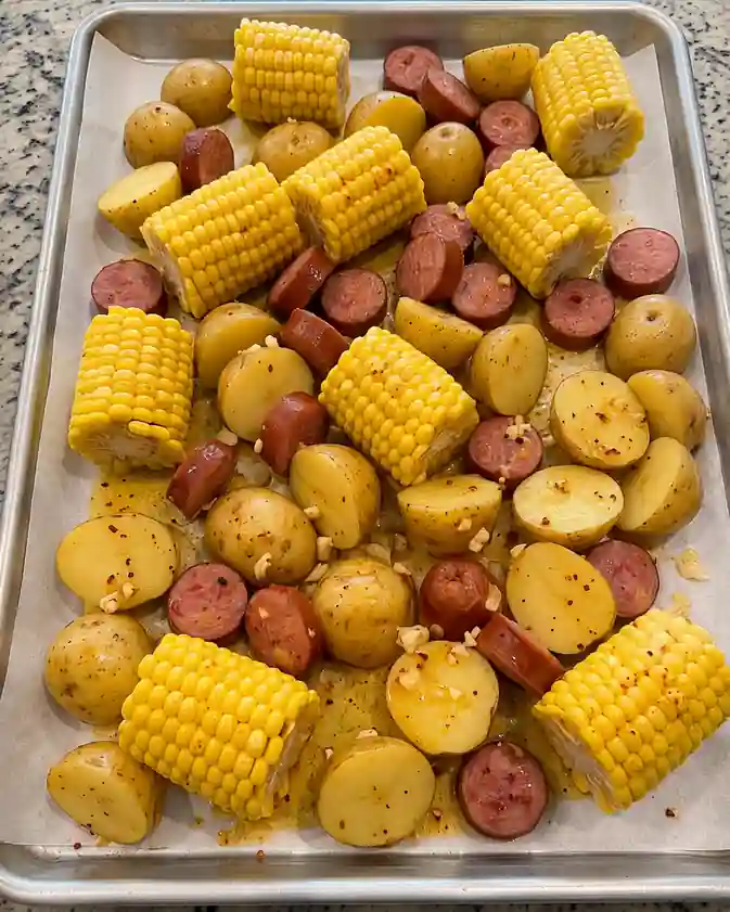 Garlic Butter Shrimp, Smoked Beef Sausage & Corn Sheet Pan Bake-02