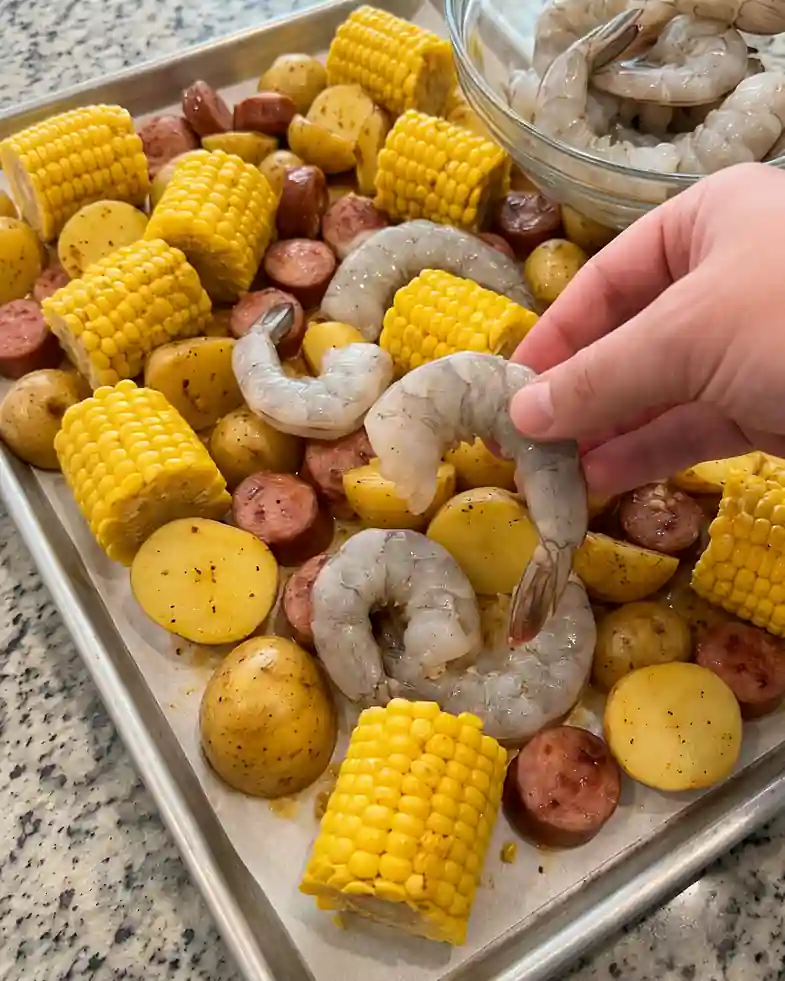 Garlic Butter Shrimp, Smoked Beef Sausage & Corn Sheet Pan Bake-1