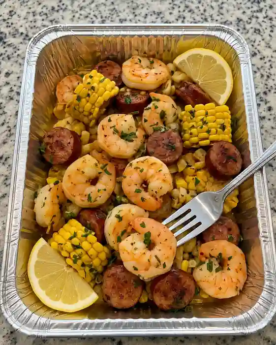Garlic Butter Shrimp, Smoked Beef Sausage & Corn Sheet Pan Bake