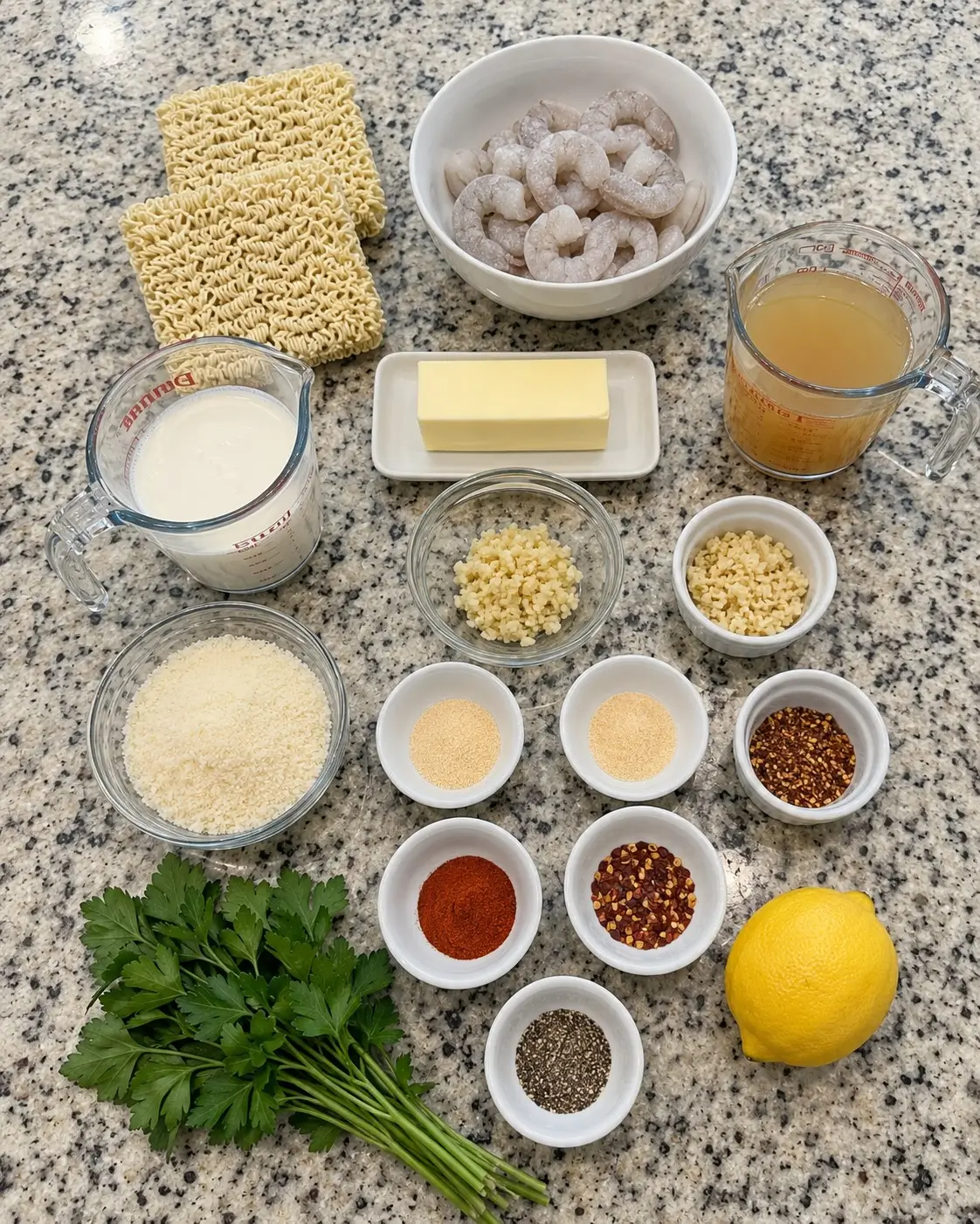 Garlic Butter Shrimp Ramen ingridients